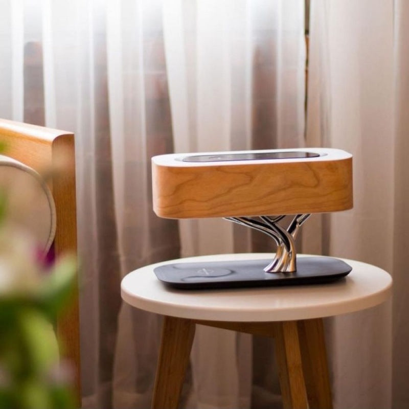 4-in-1 Creative Tree Bedside Lamp - Dimmable LED Night Light with Bluetooth Speaker, Wireless Charger & Music Speaker