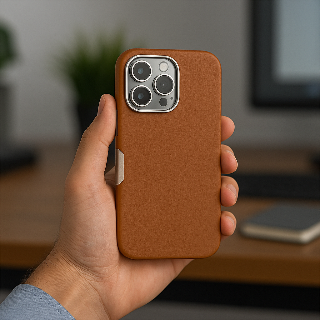Iphone 16 to 16 ProMax case in leather and steel